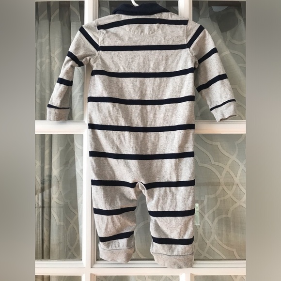 Ralph Lauren size 9 months navy & gray stripe polo long sleeves one-piece romper - Picture 3 of 6